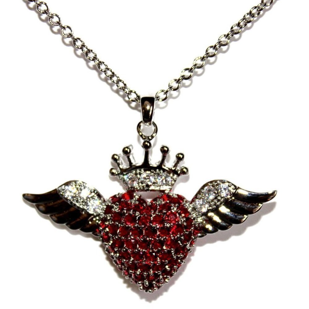 BFA Ruby Red Cz Cubic Zirconia Love Heart Glam Angel Wing Angelic Crown Necklace